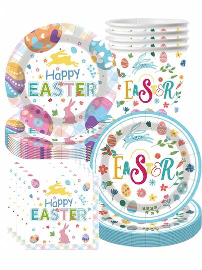 10件套复活节兔子和复活节彩蛋主题派对用品，包括盘子、杯子、餐巾纸，露营旅行必备品，生日派对，婚礼招待会装饰