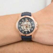 Fossil Men's Automatic Mechanical Leather Strap Three-Hand Watch, Stainless Steel Case/Scratch-Resistant Glass Lens ME3111/ME3100/ME3101/ME3102 - Navy Blue + Rose Gold Case - View 6