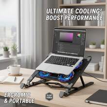 Almohadilla de refrigeración para portátil de 15-17.3 pulgadas con 4 ventiladores, ajuste de altura de 7 niveles, iluminación RGB y puertos USB duales - Negro - Ver 2