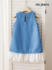 [Non-Denim] Young Girls' Summer Sleeveless Denim-Like Dress, Loose Fit With Cute Printed Pattern, Fashionable, Sweet And Lovely, Suitable For Outings, Birthday Parties, And Gatherings - Blue and White - View 7