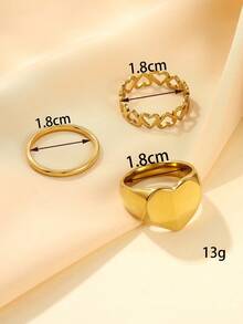 3pcs 18k Gold Plated Stainless Steel Heart Shaped & Plain Band Ring Set, Available In Size Options, Suitable For Women's Daily Decoration Or Gift - Yellow Gold - View 3