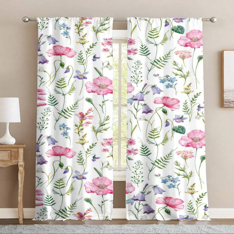 2片装田园粉色罂粟花和蓝紫色铃兰花卉图案窗帘 - 杆袋式设计，保护隐私，易于安装 - 适用于家庭窗户 - 彩色 - 查看 1