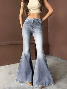 2026 Summer Y2K Style Women's High Waist Grey Flare Jeans, Stretchy Elegant Retro Casual Flare Pants Spring - Medium Gray - View 8