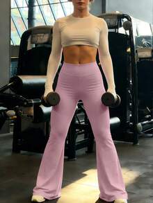 Women's Outdoor Slim Fit Flared Pants, Fashion Versatile Double Waistband Skinny Trousers, Slimming Casual Long Pants - Pink - View 4