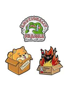 1Set Fragile, Handle With Care Enamel Pins Dog Cat Frog Brooches Lapel Badges Cartoon Emotionally Animal Jewelry Gift For Friends - Multicolor - View 11