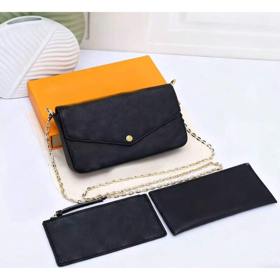 Bolso sobre de estilo nuevo 2025, 3 en 1: Embrague, Bolso de hombro, Bolso cruzado, Billetera larga de cuero suave, Bolso de cadena, Simple y de moda - Negro - Ver 1