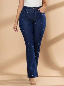 pthirillo Women's Dark Blue Flare Jeans With Butt-Lifting, High Waist, And Rhinestone Detail - Premium Rhinestone Jeans - 水鑽圓點 - 查看 8