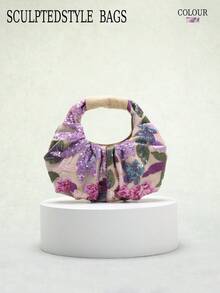 SCULPTEDSTYLE BAGS 1pc Colorful PVC Sequin Contrast Mesh Embroidered Floral & Leaf Pattern Cloud Pleated Handbag, Fashion Summer Vacation Style For Women (Floral Pattern Randomly Sent) - Mauve Purple - View 10