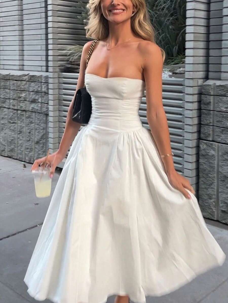 Robe d'été élégante pour femmes SUNSTORY, couleur unie, avec fermeture éclair, volants et empiècement en maille. Convient pour les invités de mariage, les cérémonies de remise des diplômes, les galas, les fêtes, les vacances, les rendez-vous, les anniversaires - Blanc - Voir 1