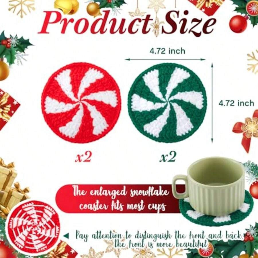 Juego de 4 Posavasos Navideños de Ganchillo Hechos a Mano, Decoración de Mesa Rojo Blanco Verde para Fiestas y Hogar - 4 - Ver 1