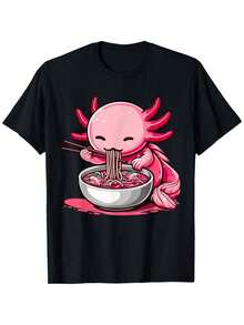 男士 T 恤 男士图案 T 恤 动漫可爱美西螈吃拉面 儿童青少年男孩 T 恤 柔软面料，透气，舒适短袖 T 恤，非常适合夏季