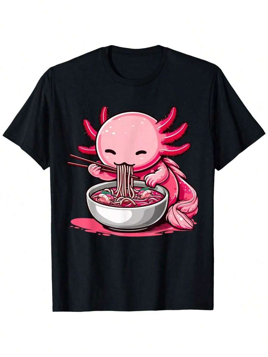 男士 T 恤 男士图案 T 恤 动漫可爱美西螈吃拉面 儿童青少年男孩 T 恤 柔软面料，透气，舒适短袖 T 恤，非常适合夏季