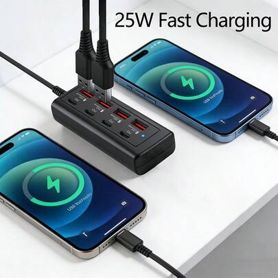 WOWSSYO 黑白多功能延长线充电器 8 合 1 集线器 25W 黑/白适配器 4 个 USB 端口 + 4 个 Type-C PD 快充端口 电源集线器 快速充电 Type-C 多功能插头/多输出端口 USB 适配器 USB-C 集线器 USB 集线器/多端口集线器 兼容笔记本电脑、手机、平板电脑和其他设备 女士节礼物