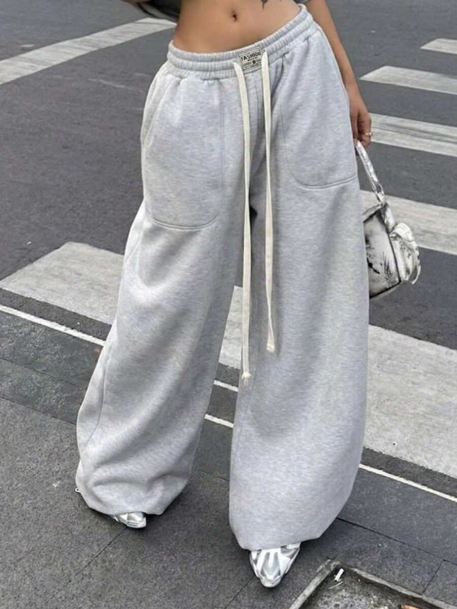 Women's Casual Street Style Minimalist Loose Drawstring Wide Leg Grey Sports Pants, Spring/Summer - Flower Grey - View 1