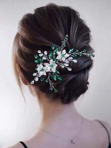 1pc Handmade Silver Flower Bridal Hair Clip, Rhinestone Decor Women Headpiece Suitable For Wedding, Party, Holiday Gift - Silver - View 9