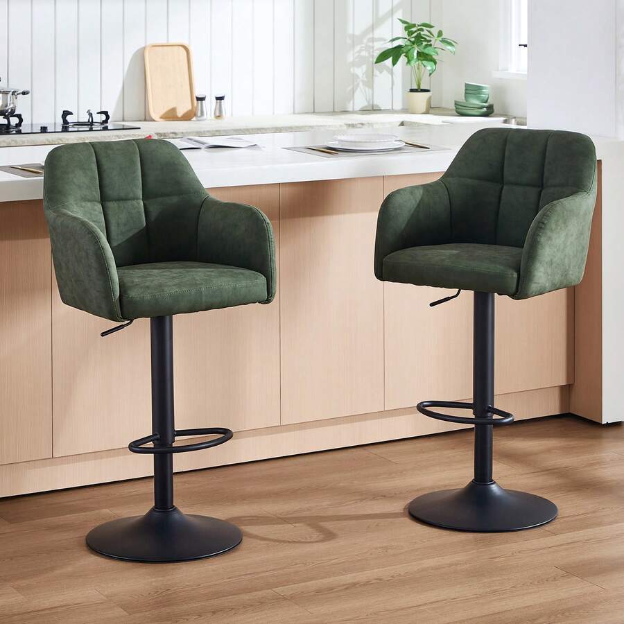 Orirsnug Bar Stools Set Of 2, Height Adjustable PU Leather Barstools, 360° Swivel Breakfast Chairs, Barstools With Armrests And Backrest, Suitable For Kitchen Counter Home, Restaurant, Green - Dark Green - View 1