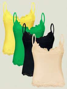 4pcs Women Lace Camisole, Solid Color Lace Camisole Versatile Undershirt, Suitable For All Seasons - Multicolor - View 2