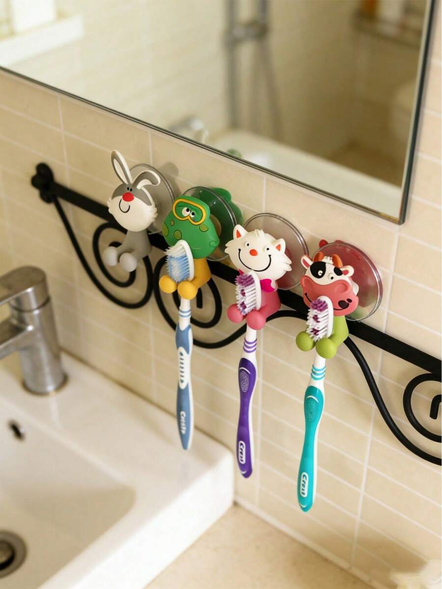 4pcs Cute Animal Cartoon Toothbrush Holder, Suction Cup Bathroom Toothbrush Rack, Silicone Toothbrush Stand, Cartoon Suction Cup Toothbrush Holder, Single Toothbrush Holder With Adhesive Hook