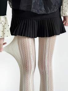 1Pair Ins Style Spring/Summer Hollow Out Vertical Striped Women's Lace Fishnet Stockings Pantyhose Japanese Pure Desire White Stockings Sexy Sweet Girly Style Stockings Base Pantyhose Lolita Pantyhose - White - View 8