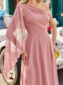无袖雪纺伴娘礼服，优雅长裙，不对称领口，胸部褶裥设计，高开衩细节 - 粉色 - 查看 7