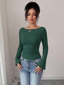 Women's Spring Fall Long Sleeve Shirts Crop Going Out Tops Casual Boat Neck Bell Sleeve Ribbed Ruched Y2K Clothes - Dark Green - View 6