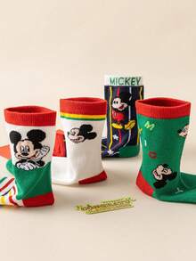 4/1 Pair Disney Mickey & Minnie Pattern Children's Mid-Calf Socks, Cute Cartoon Disney Design, Fashionable Casual Breathable Student Socks, Suitable For Daily Wear, Back To School, Holiday Gifts - Multicolor - View 3