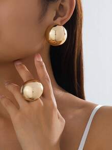 3pcs/Set Asymmetrical Geometric Sphere Shaped Metallic Earrings & Ring Set - Yellow Gold - View 8