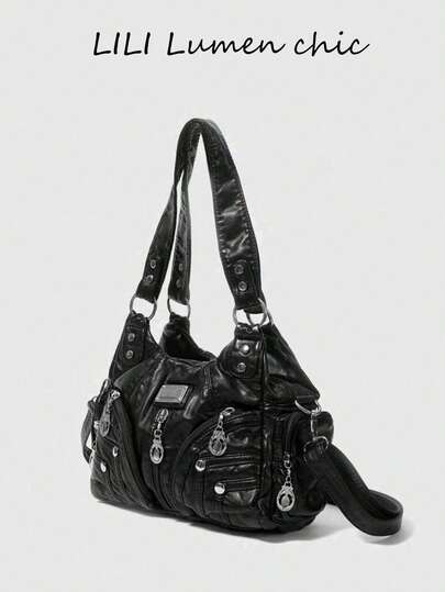 This Solid-Color PU Shoulder Bag Features Handles, A Zipper Closure, A Double Handle Design, An Adjustable Shoulder Strap, And Multiple Zippers, Making It Versatile And Suitable For Women, Female College Students, Commuters, Outings, Daily Use, And Various Occasions.