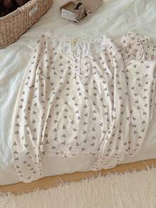 Nina Bonheur 2pcs Women Round Neck Long Sleeve Top + Elastic Waist Pants Pajama Sleepwear Set - White - View 4