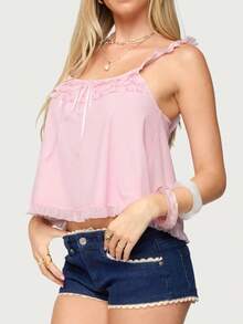 Womens Chiffon Ruffle Cami Top With Lace Trim And Bow To Sculpt A Flattering Flowy Silhouette Ideal For Summer Beach Vacations Parties Casual Dates And  Y2K Aesthetic Fashion Streetwear Outfits - 粉色 - 查看 2