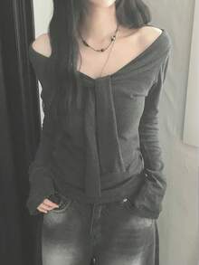 Retro Korean Style Bow Tie Shoulder Twist Knit Long Sleeve T-Shirt, Versatile & Slimming - Grey - View 1