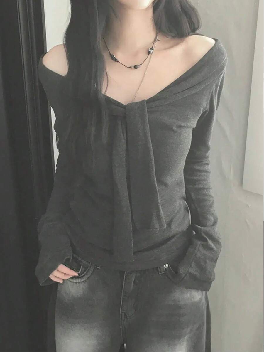 Retro Korean Style Bow Tie Shoulder Twist Knit Long Sleeve T-Shirt, Versatile & Slimming - Grey - View 1