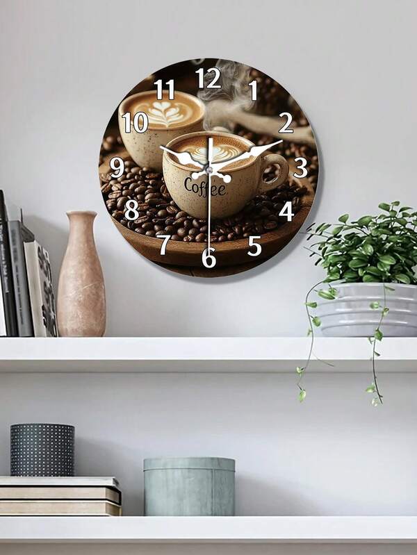 1pc Coffee Lover's Silent Non-Ticking Wall Clock - Latte Art Cup, Steam Effect - Modern Kitchen, Cafe Decor - Faux Wood/Plastic - Housewarming Gift For Coffee Enthusiasts (Batteries Not Included) - Decorative Coffee Bean Wall Clock, Home Decor, Comfortable Aesthetics, Quality Craftsmanship, Kitchen Decoration