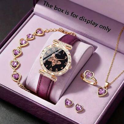 6/5pcs Set, Elegant Girl, Fashionable Quartz Watch With Butterfly Pattern Dial, Suitable For Girls To Wear, Can Be Matched With Rhinestone Necklace, Bracelet, Ring And Earring Set. Suitable As A Birthday/Holiday Gift For Girls. Also Very Suitable For Daily Use, Such As Christmas Gifts, Back To School, Parties, Etc. Graduation Season, Valentine's Day, Easter, Christmas - Very Suitable As A Gift For Girls