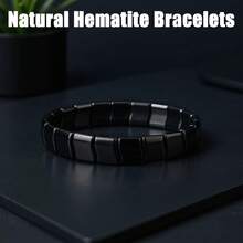 1/2pcs Hematite Stone Bracelet, Natural Healing Stone Beads Adjustable Elastic Bracelet, Fashion Accessory To Boost Confidence - Black - View 7