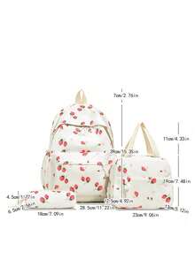 Set de 3 rucsacuri la modă cu model de căpșuni, stil școlar, inclusiv rucsac, geantă de prânz și penar, cu compartiment pentru laptop, bretele reglabile, set de ghiozdane cu capacitate mare și mai multe buzunare, set de rucsac multifuncțional de zi cu zi, potrivit pentru fete/adolescenți/studenți/absolvenți pentru uz zilnic/vacanță/călătorii/înapoi la școală - alb - Vizualizare 3