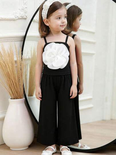 2pcs Girls Summer Black Base White 3D Camellia Decor Camisole Top + Solid Color Pants Set, Fashionable Casual Suitable For Daily Wear