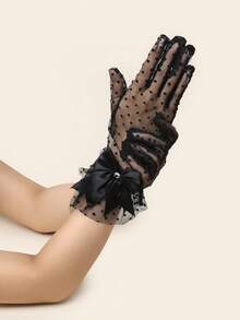 1 双新娘蕾丝珍珠露指手套，带蝴蝶结，婚纱配饰，摄影道具 - 黑色 - 查看 2