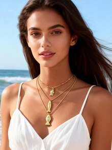 imoli 1 Set/Fashionable Creative New Bohemian CCB Ocean Element Fish Pendant Multi-Layer Necklace, Suitable As Beach Holiday Gift For Women - 31258-nek-g-eP - View 2