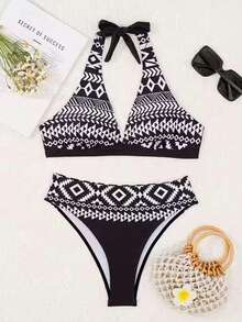 新款欧美风高腰镂空比基尼，露背设计，尽显女性魅力，是夏季海滩度假的理想之选。 - 黑與白 - 查看 3