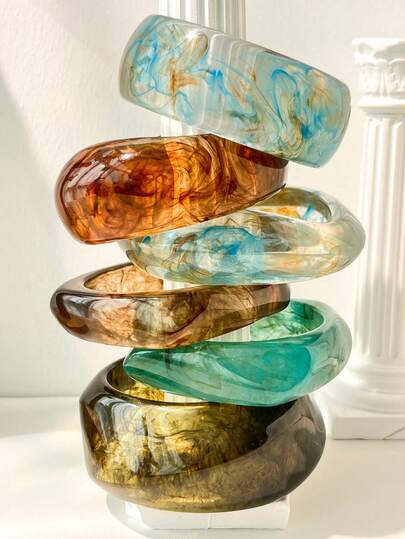 1件复古水彩染色树脂宽手镯，独特高端彩色透明手镯，百搭度假风女士配饰