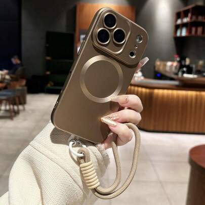 防震磁吸磨砂手机壳，带腕带，兼容 17 Pro Max、17 Pro、17 Air、17、16、15、14 Plus、13、12、11 Pro Max，玻璃镜片，支持无线充电，春季礼物