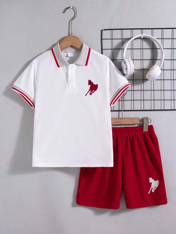 Bộ 2 món áo tay ngắn cổ cài cúc màu trơn dáng casual cho bé trai, gồm áo và quần short, thích hợp cho mùa xuân/hè.
