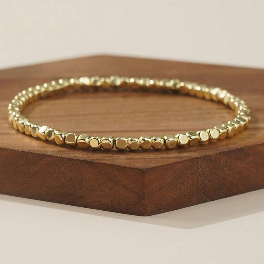 1pc Minimalist Ins-Style Gold Beaded Bracelet, Stylish Design Suitable For Daily Wear - Yellow Gold - View 1