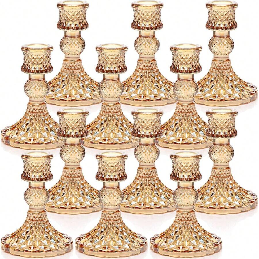 12 Pack Glass Candlestick Holder, 4" H Stripe/Dimond Crystal Candle Holders, Crystal Decorative Candle Stand, Clear/Amber Taper Candle Holders Bulk For Table Centerpiece Decor, Valentine's Day, Wedding, Dining Party, Gift - Amber Dimond - 查看 1