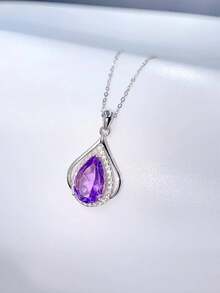 BLOVEMEE 1pc Fashionable Luxury 925 Silver Purple Crystal Necklace, Suitable For Women's Daily Wear, Party, Vacation, Valentine's Day, Mother's Day, Wedding Anniversary, Women's Jewelry Gift - Purple - View 1