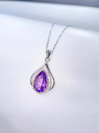 BLOVEMEE 1pc Fashionable Luxury 925 Silver Purple Crystal Necklace, Suitable For Women's Daily Wear, Party, Vacation, Valentine's Day, Mother's Day, Wedding Anniversary, Women's Jewelry Gift