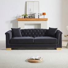 Chesterfield Velvet 3 Seater Sofa & 2 Seater Sofa Set, Moderm Sofa Couch Set With Rolled Arms And Button Tufted Back, Luxury Upholstered Living Room Furniture, Classic Modern Couch For Apartment Home Office, Deep Seat Sofa With Spring Cushions, Solid Wood Frame - 黑色 - 查看 10
