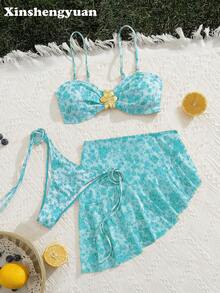 3件套新年、情人节服装，侧系带女式下装，荷叶边褶皱短裙，可爱休闲碎花印花抹胸高衩比基尼带裙，女式不对称细肩带泳衣，中间金属装饰，可拆卸泳衣胸垫，假日搭配套装，夏季阳光沙滩套装，冬季温泉泳衣泳裤。 - 彩色 - 查看 10