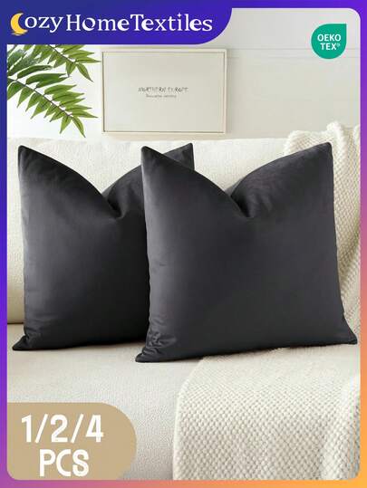 1/2/4pcs Black Solid Color Dutch Velvet Pillowcase, Soft Decorative Cushion Cover, Pillowcase, Bedding, Pillow Cover Only (No Insert), Zipper Closure, Suitable For Sofa, Bedroom, Living Room And Various Room Types, Pure Black Velvet Pillowcase, Soft And Breathable, Skin-Friendly And Cozy, Warm Home Textile, Suitable For All Seasons, Autumn Home Decor, 45*45 Inches, Room Decor, Oeko-Tex Certified